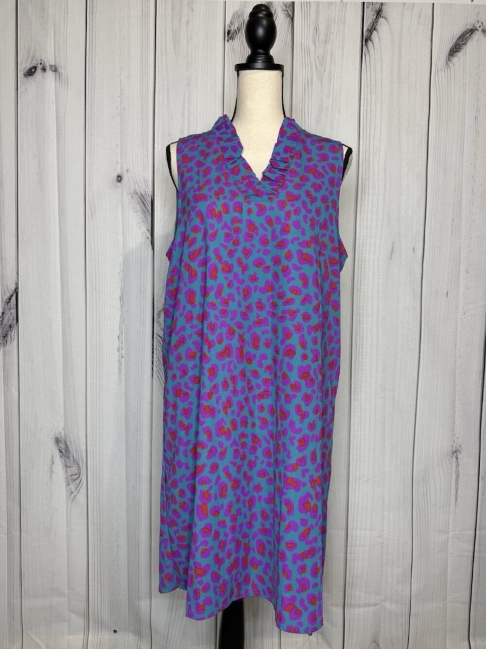 FSL + Apparel Women’s Sz L Tank Midi Dress Ruffled V-Neck Teal Purple Red Lined